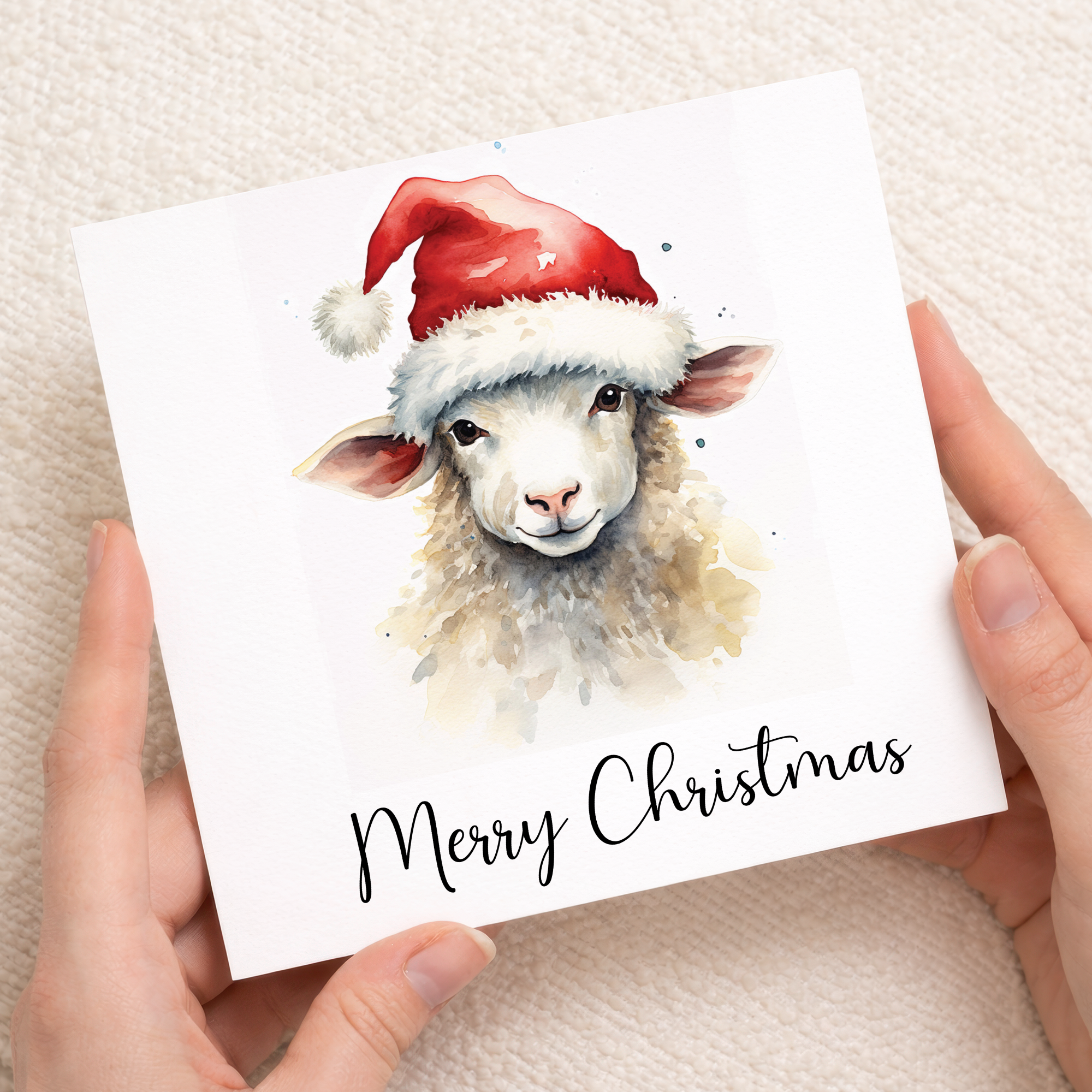 Fun Christmas Card of a Sheep Wearing A Santa Hat Whimsical Watercolour Christmas Card For Animal Lover For Him or Her