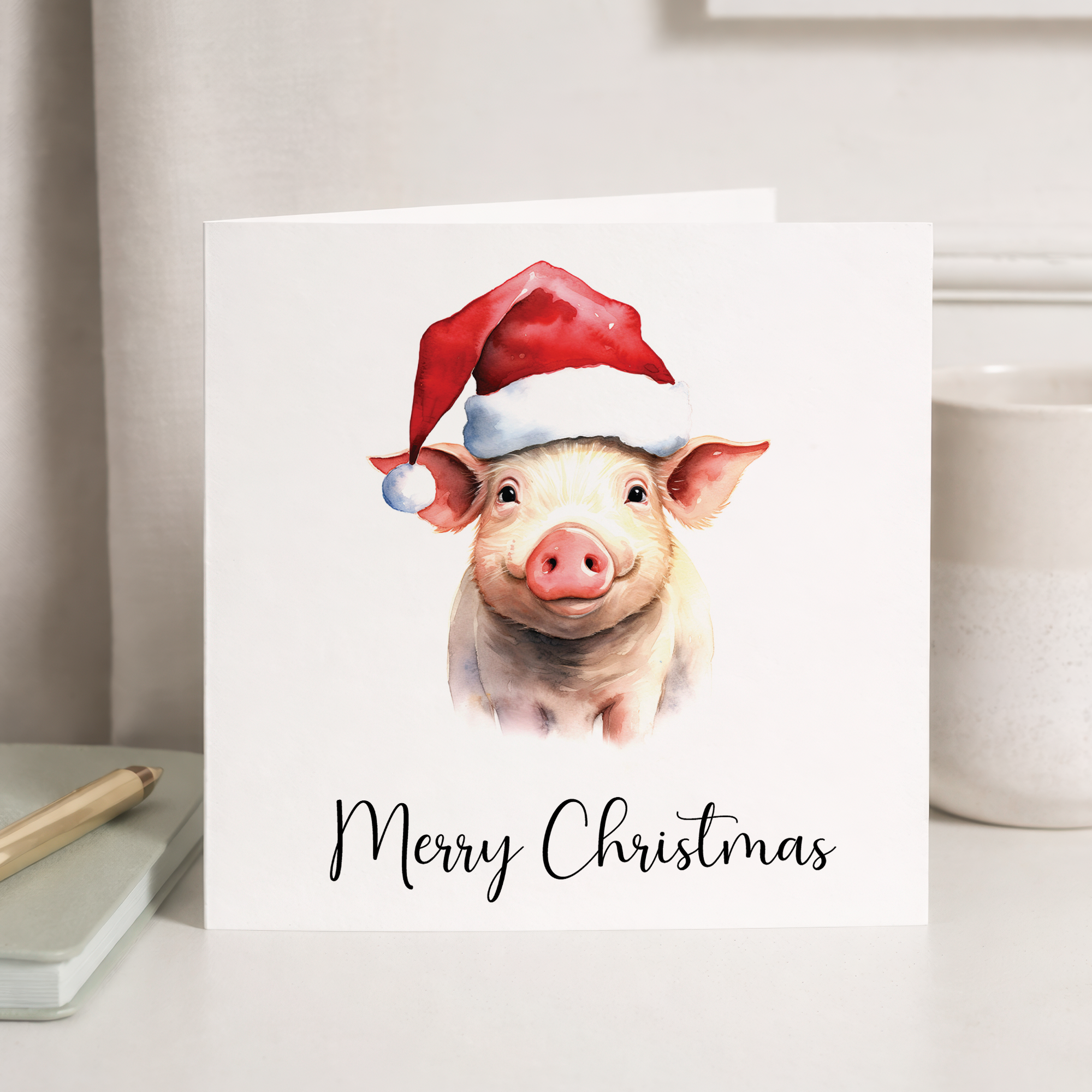 Fun Christmas Card of a Pig Wearing A Santa Hat Whimsical Watercolour Christmas Card For Animal Lover For Him or Her