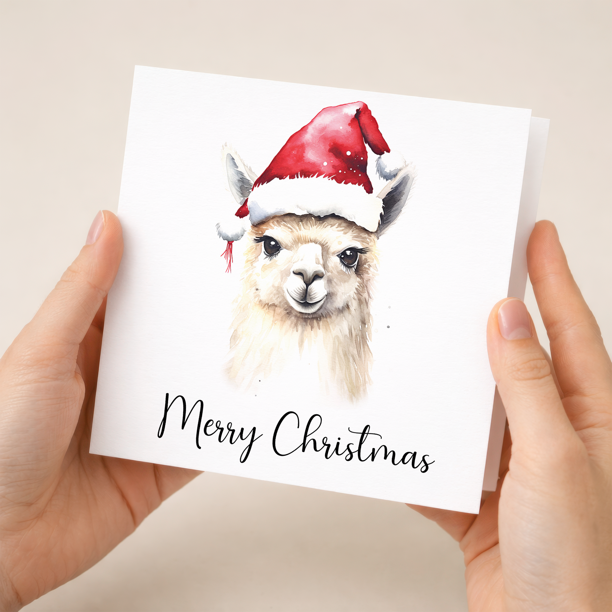 Fun Christmas Card of a Llama Wearing A Santa Hat Whimsical Watercolour Christmas Card For Animal Lover For Him or Her