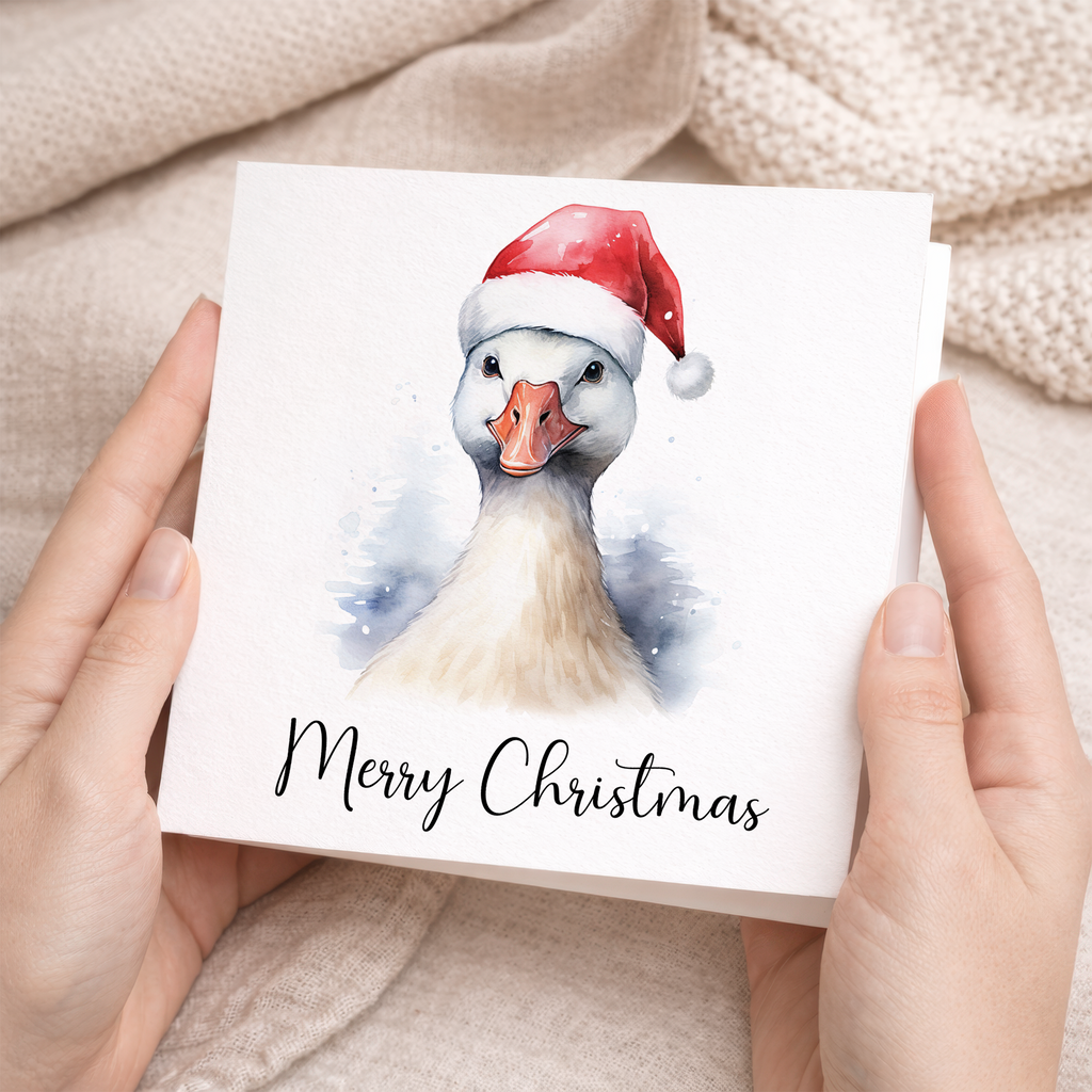 Fun Christmas Card of a Goose Wearing A Santa Hat Whimsical Watercolour Christmas Card For Animal Lover For Him or Her