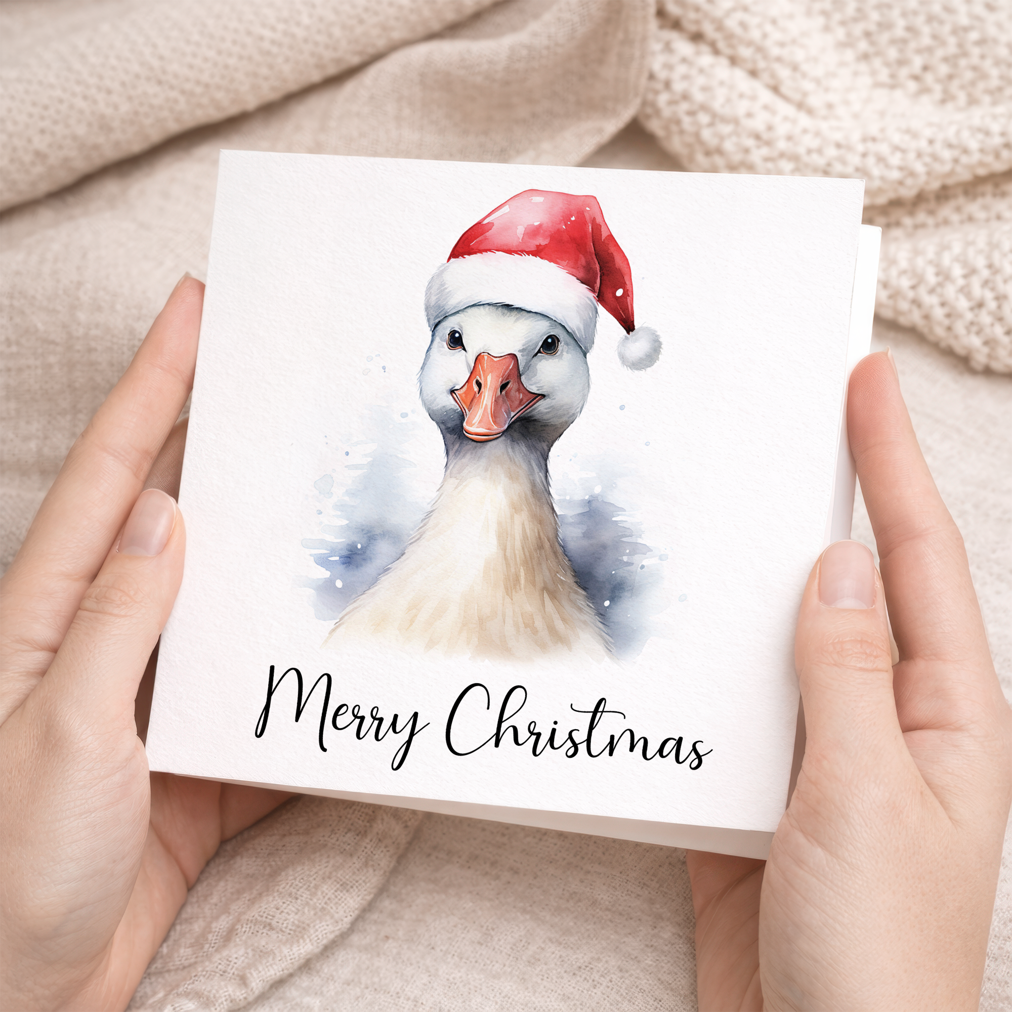 Fun Christmas Card of a Goose Wearing A Santa Hat Whimsical Watercolour Christmas Card For Animal Lover For Him or Her