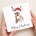 Fun Christmas Card of a Donkey Wearing A Santa Hat Whimsical Watercolour Christmas Card For Animal Lover For Him or Her