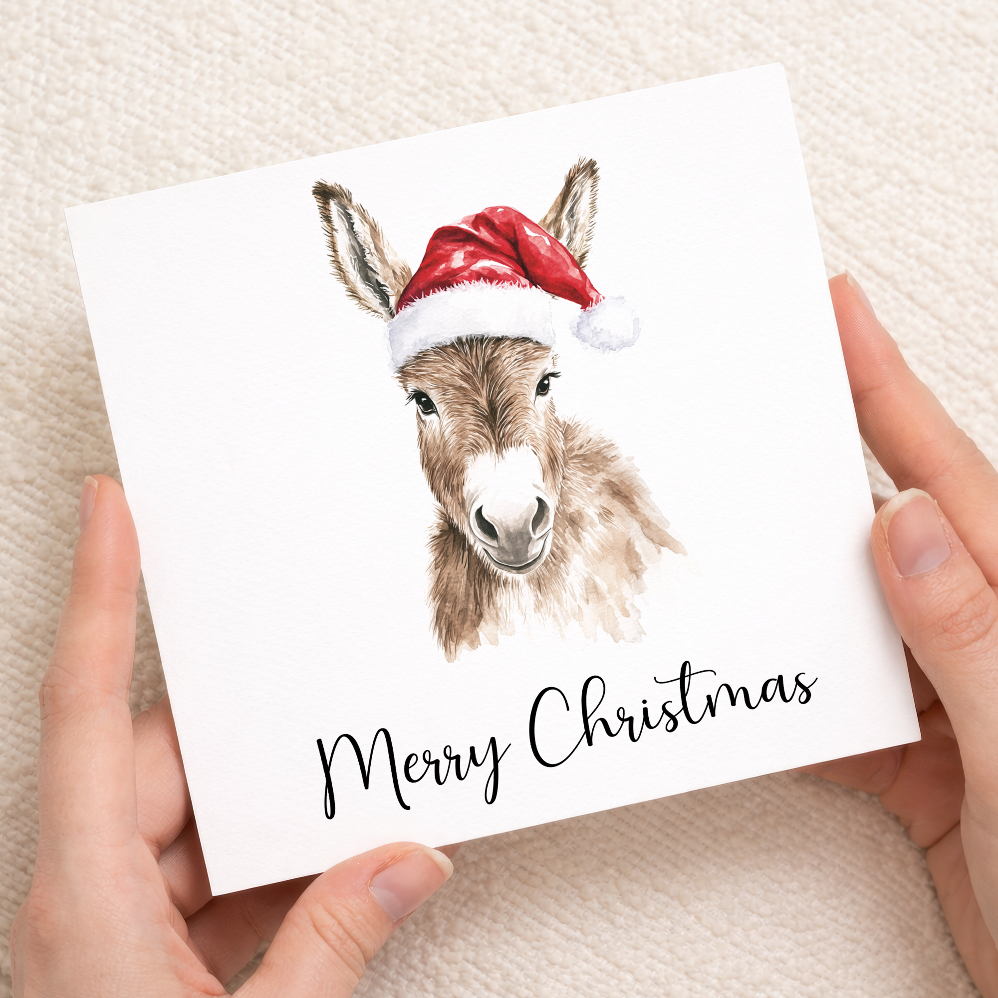 Fun Christmas Card of a Donkey Wearing A Santa Hat Whimsical Watercolour Christmas Card For Animal Lover For Him or Her