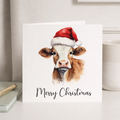Fun Christmas Card of a Cow Wearing A Santa Hat Whimsical Watercolour Christmas Card For Animal Lover For Him or Her