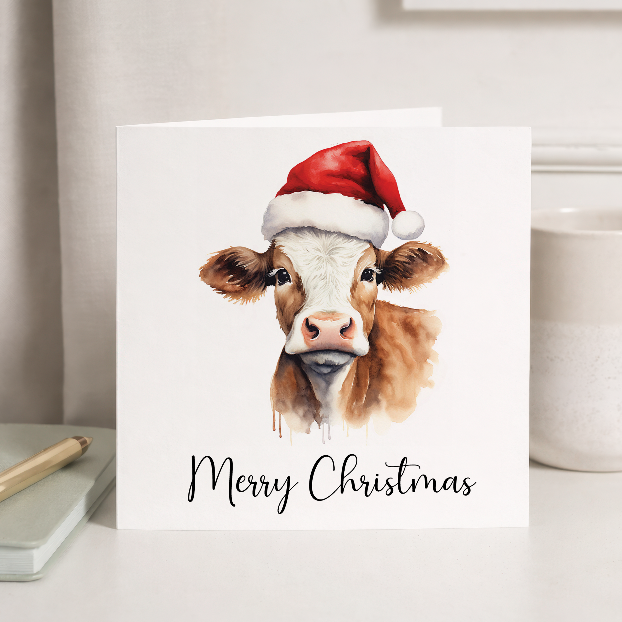 Fun Christmas Card of a Cow Wearing A Santa Hat Whimsical Watercolour Christmas Card For Animal Lover For Him or Her