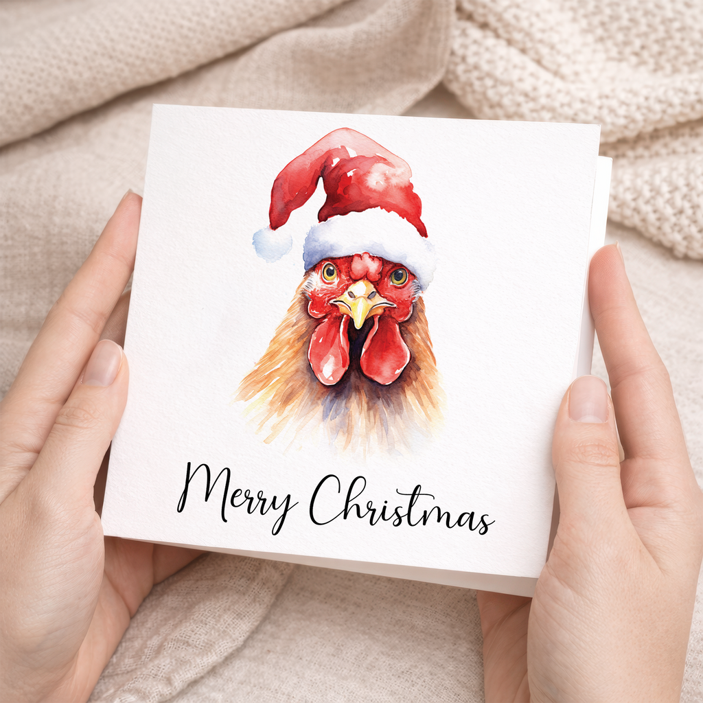 Fun Christmas Card of a Chicken Wearing A Santa Hat Whimsical Watercolour Christmas Card For Animal Lover For Him or Her