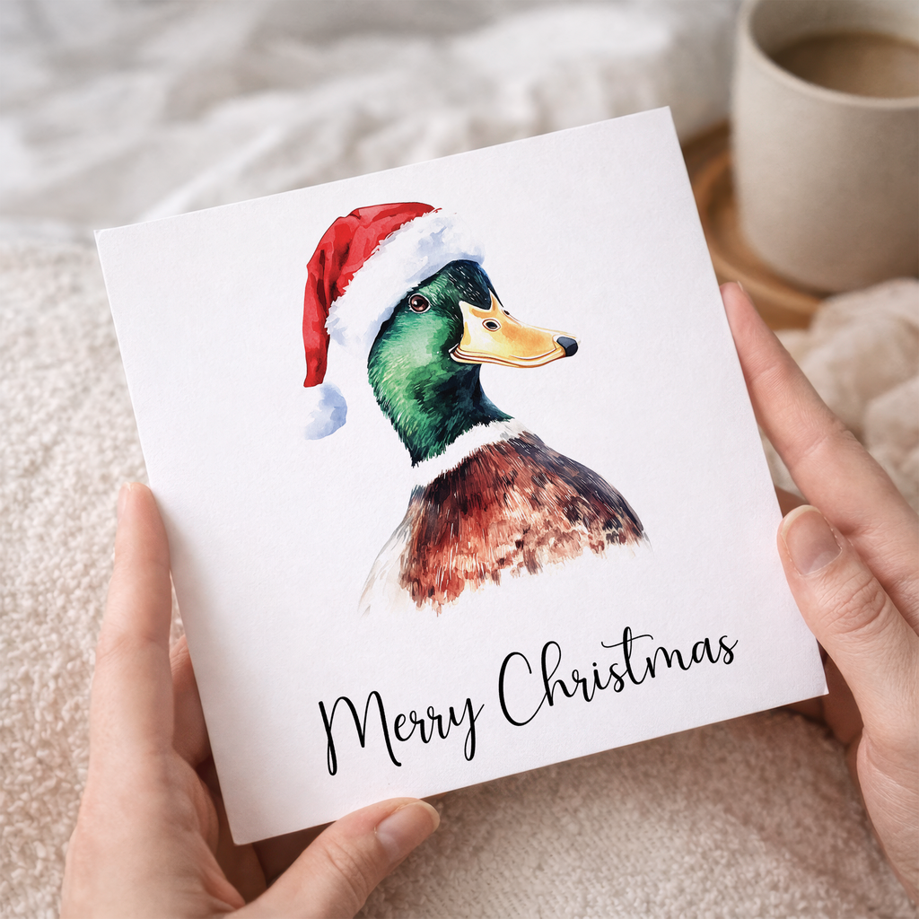 Fun Christmas Card of a Duck Wearing A Santa Hat Whimsical Watercolour Christmas Card For Animal Lover For Him or Her