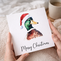 Fun Christmas Card of a Duck Wearing A Santa Hat Whimsical Watercolour Christmas Card For Animal Lover For Him or Her