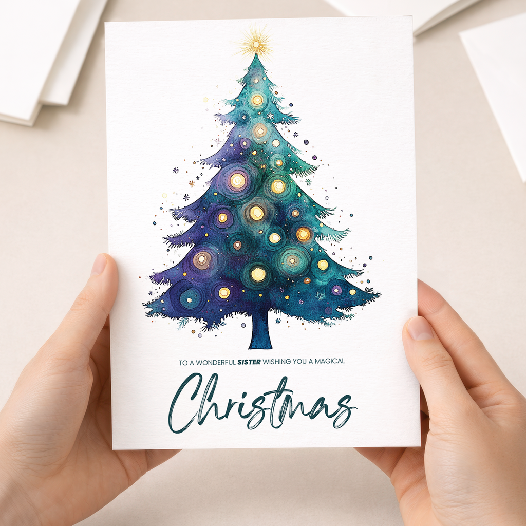 Watercolour Christmas card for a sister featuring a mystical festive tree design.