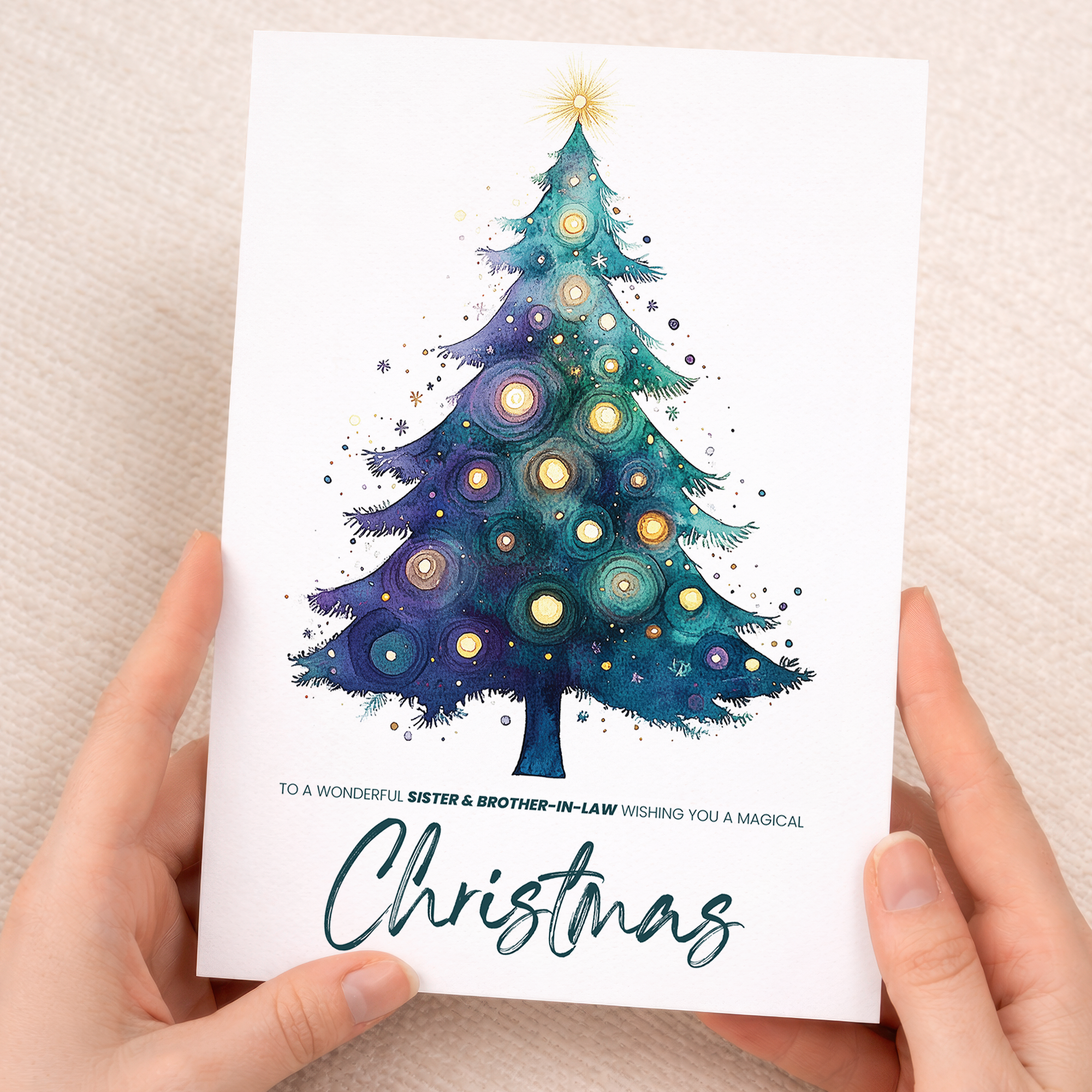 Watercolour Christmas card for a sister and brother-in-law featuring a festive Christmas tree design.
