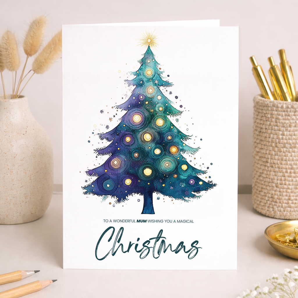 A watercolour Christmas tree design featuring artistic festive patterns on an eco-friendly greeting card for Mum.
