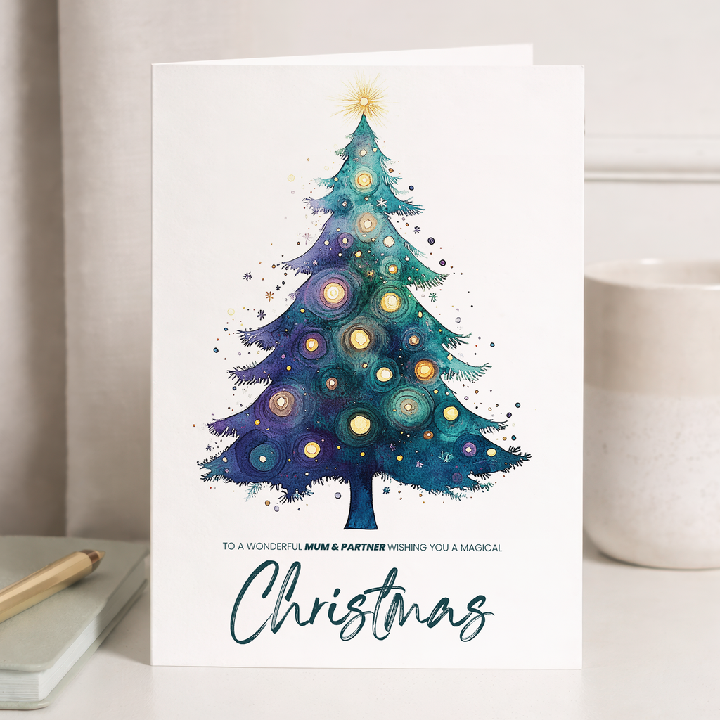 Watercolour illustration of a decorated Christmas tree for a Mum and Partner Christmas card.