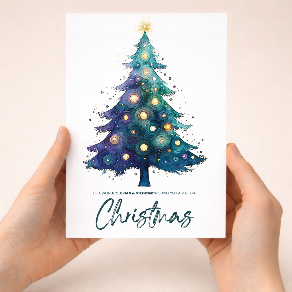 A watercolour Christmas tree design on a white greeting card with the text Dad and Stepmum at the top and Merry Christmas at the bottom.