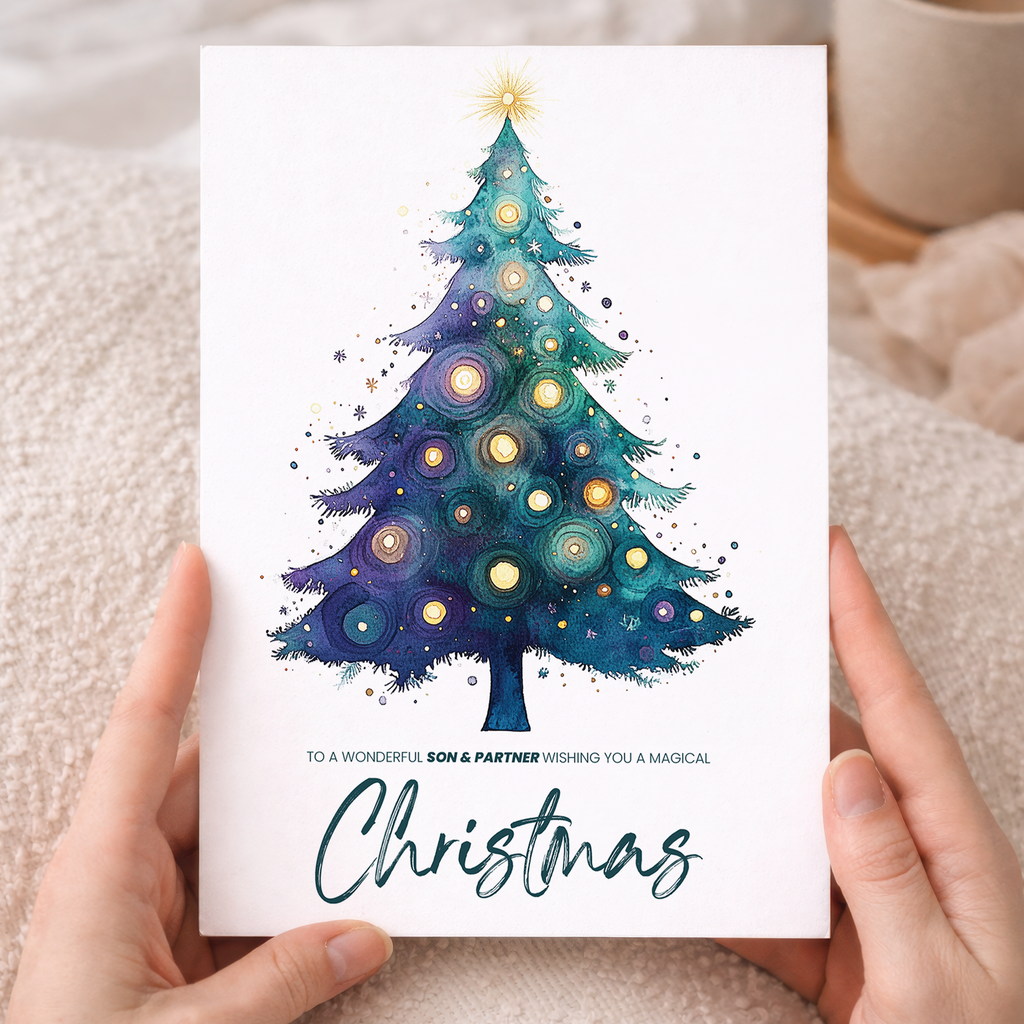 A simple watercolour Christmas tree with green and blue boughs, decorated with gold stars and a large golden star on top, set against a white background.