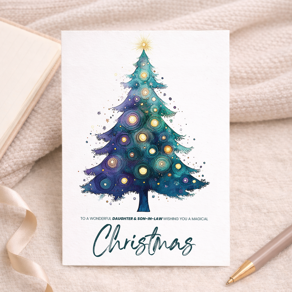 Watercolour festive Christmas tree greeting card for daughter and son-in-law.