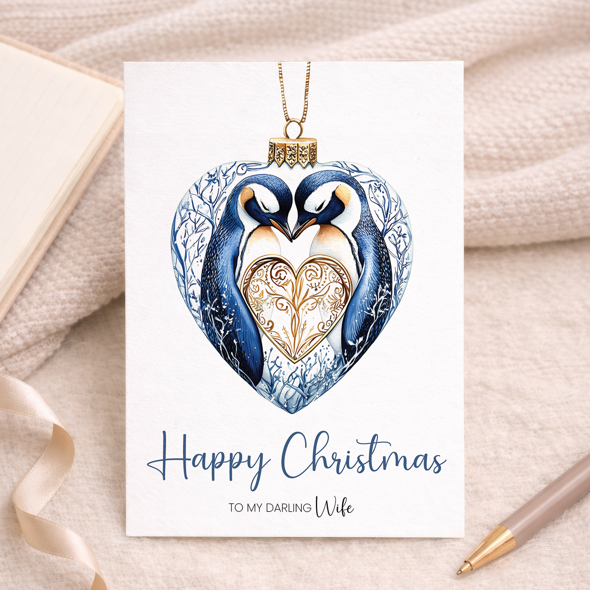 A festive Christmas card for a wife featuring a cute penguin inside a decorative bauble design.