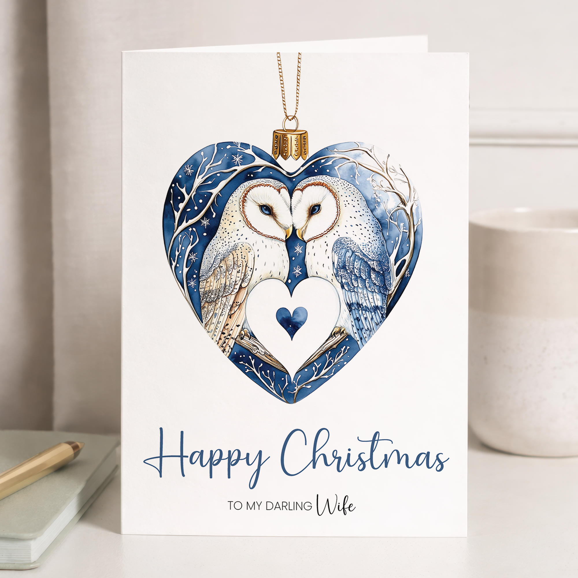 A festive Christmas greeting card for a wife featuring a unique owl illustration inside a decorative bauble design.