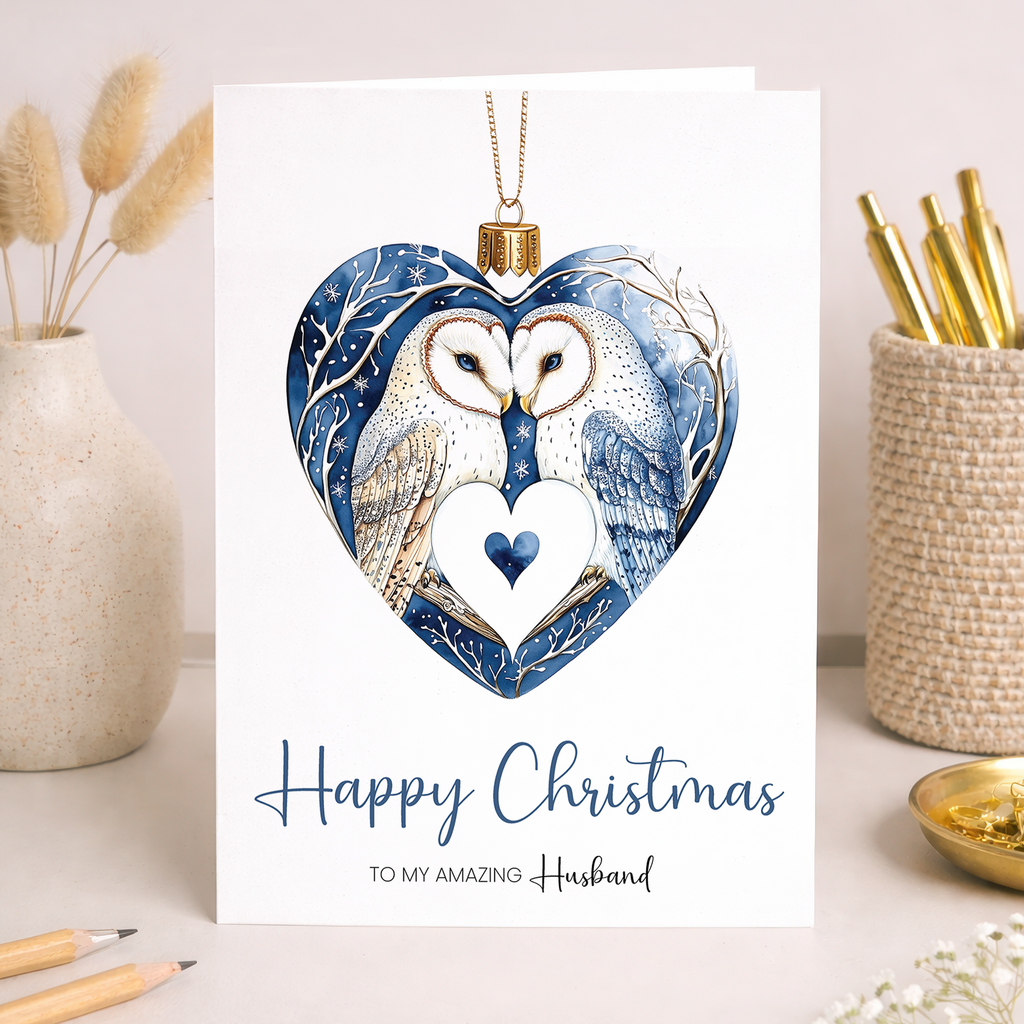 Christmas card for husband featuring a pretty owl bauble design on a white background.
