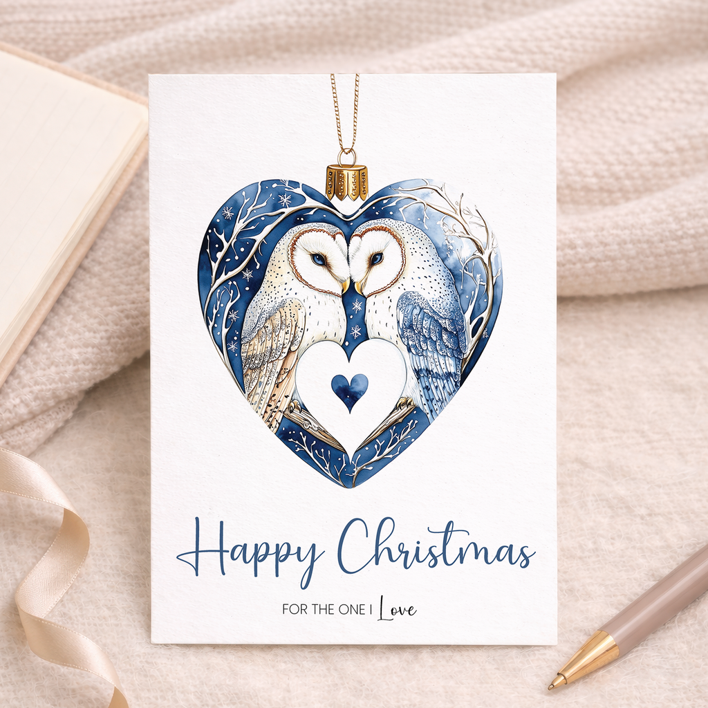 A romantic Christmas card for a partner featuring a pretty owl design inside a festive bauble.
