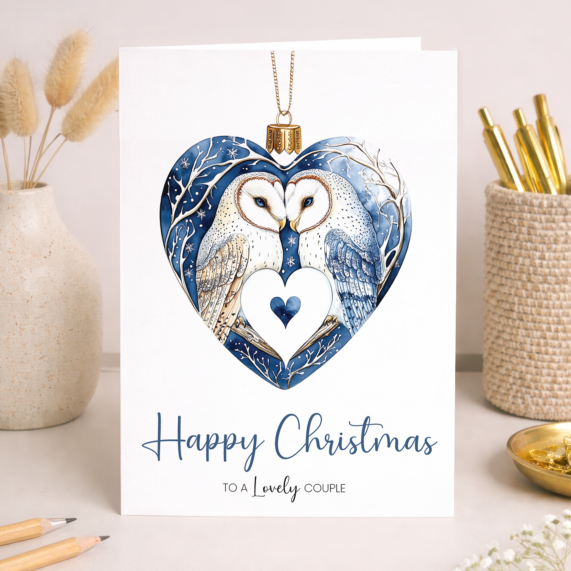 Christmas card for a lovely couple featuring a cute owl bauble design on a white background.