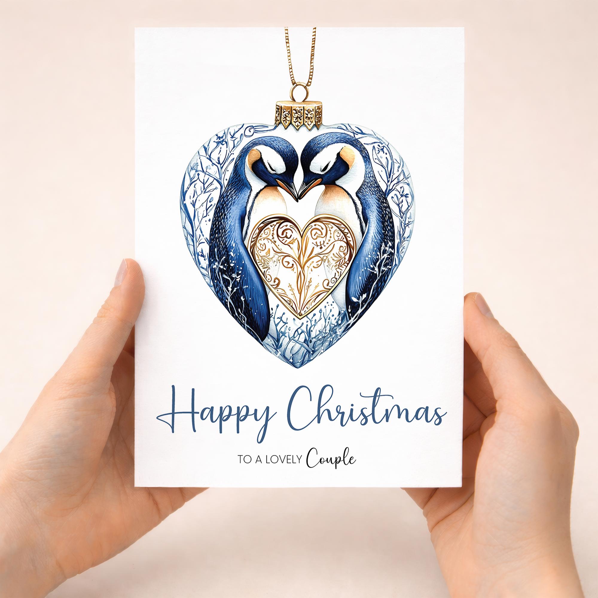 Christmas card for a couple featuring a cute penguin design inside a holiday bauble.