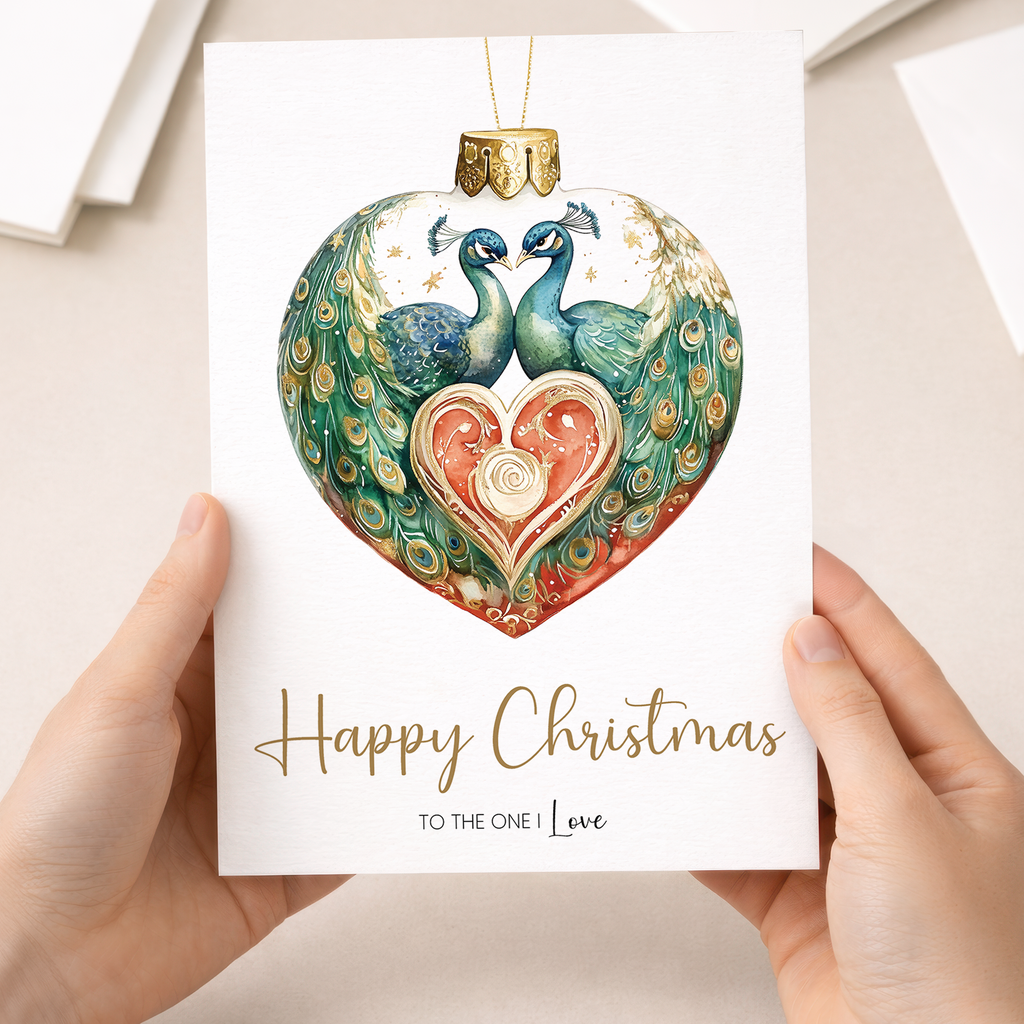 A romantic 5x7 Christmas card featuring an elegant peacock bauble design with festive decorations, perfect for a partner, wife, husband, boyfriend, or girlfriend.