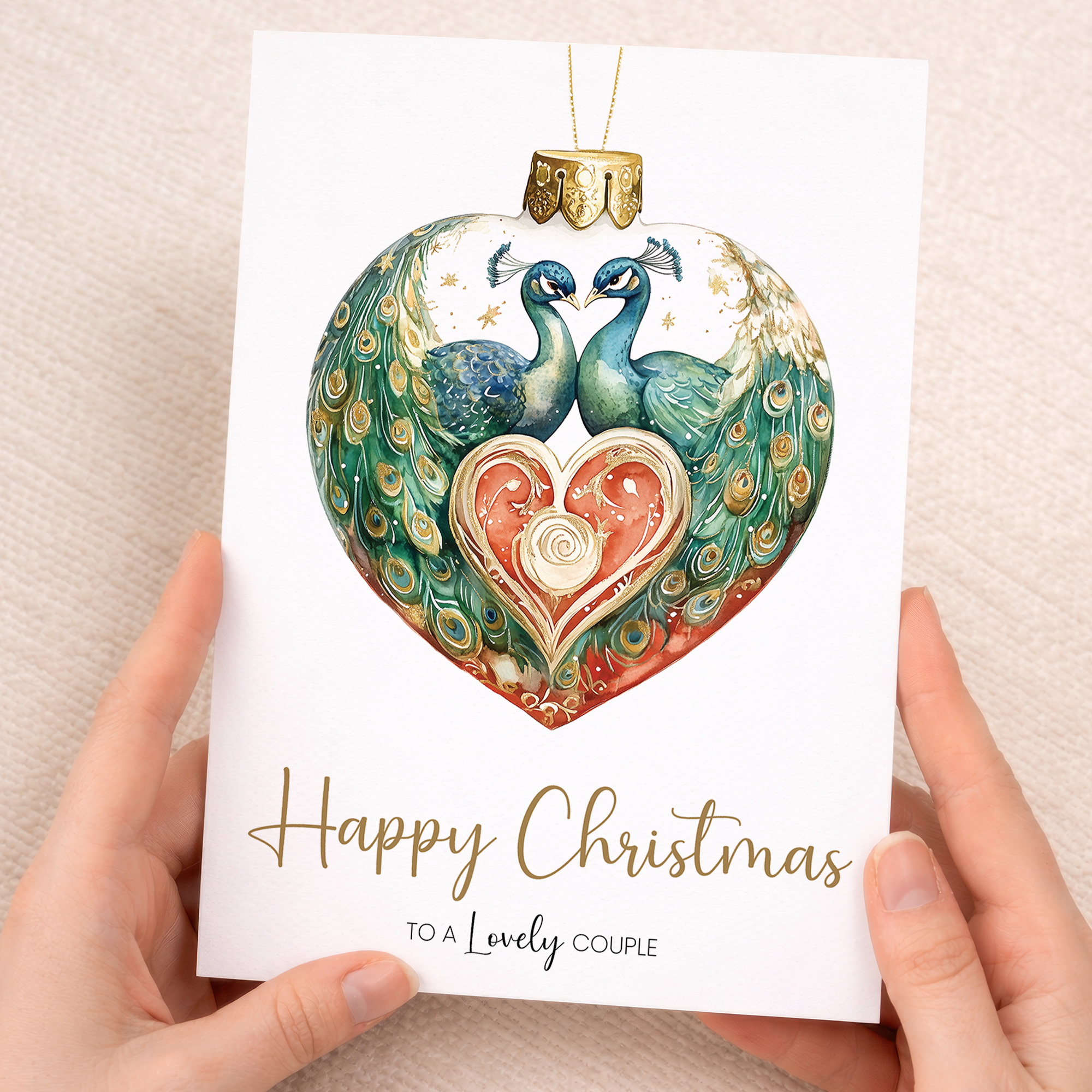 A festive Christmas greeting card featuring a stylish illustration of a peacock-themed holiday bauble with vibrant blue and green feathers and golden accents.