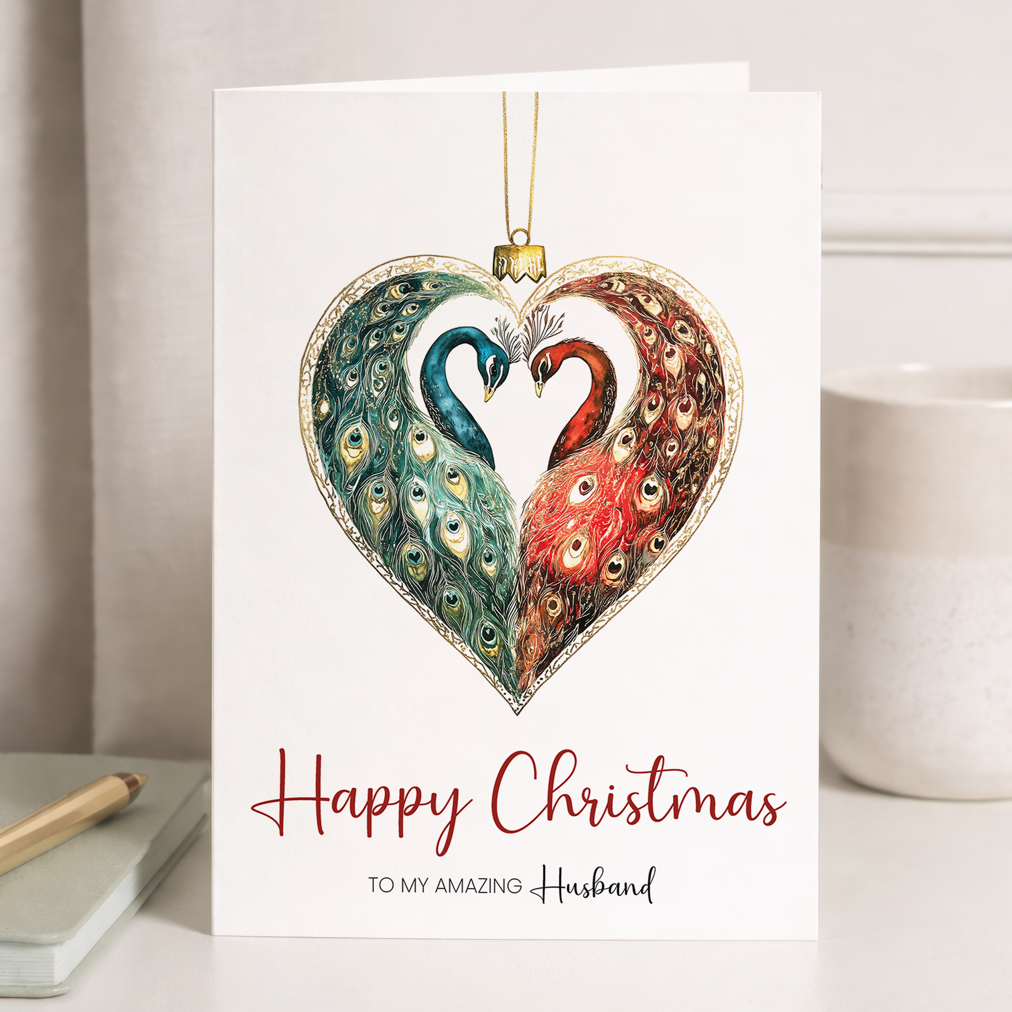 Christmas card for husband featuring a decorative peacock-themed holiday bauble design.