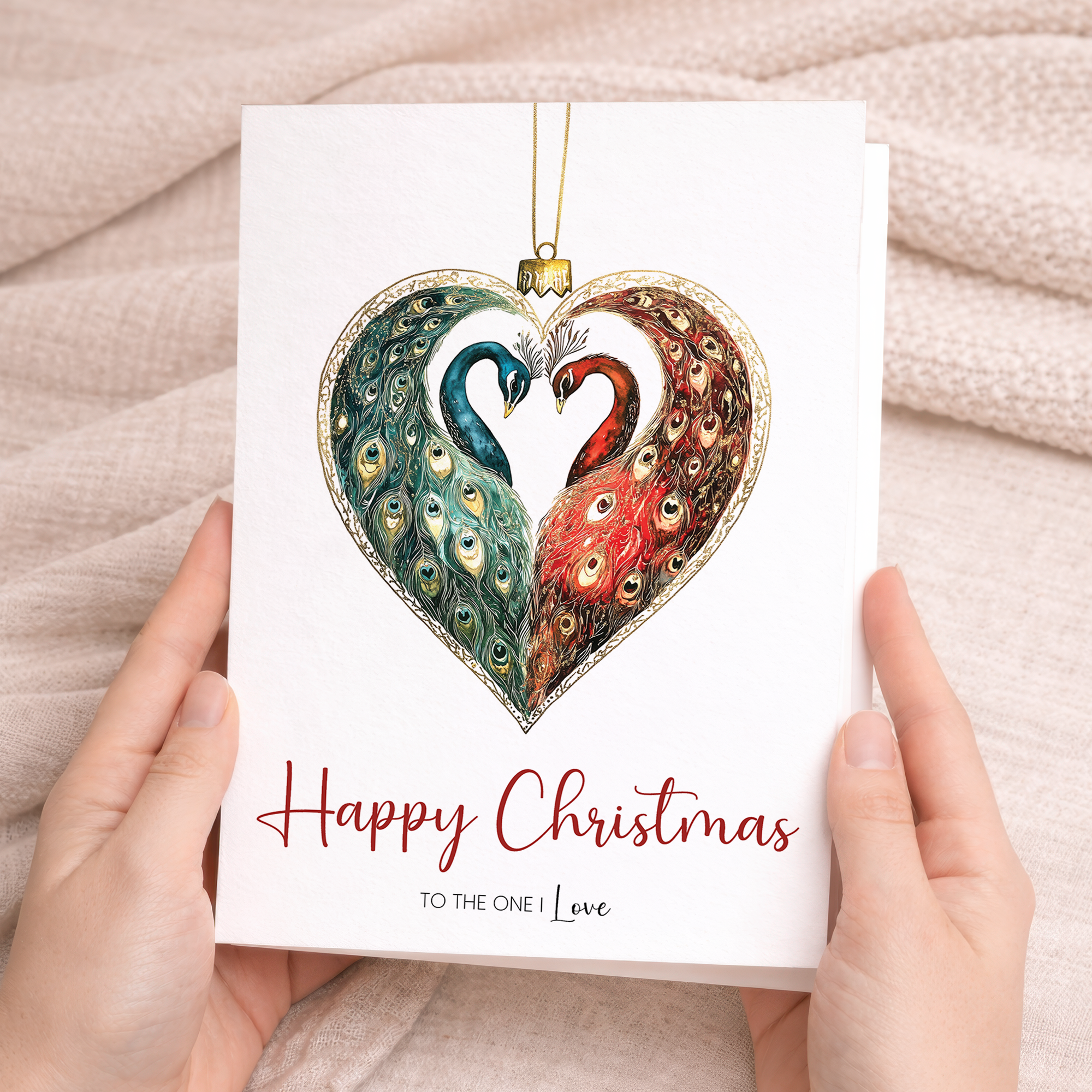 Christmas greeting card for a romantic partner featuring a unique and pretty peacock bauble design.
