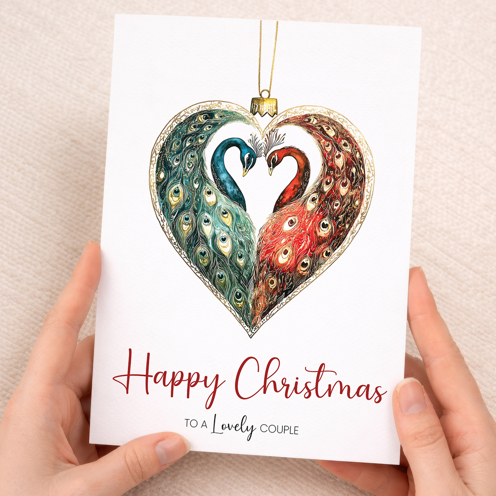 Christmas card featuring a vibrant peacock-themed holiday bauble design for a lovely couple.