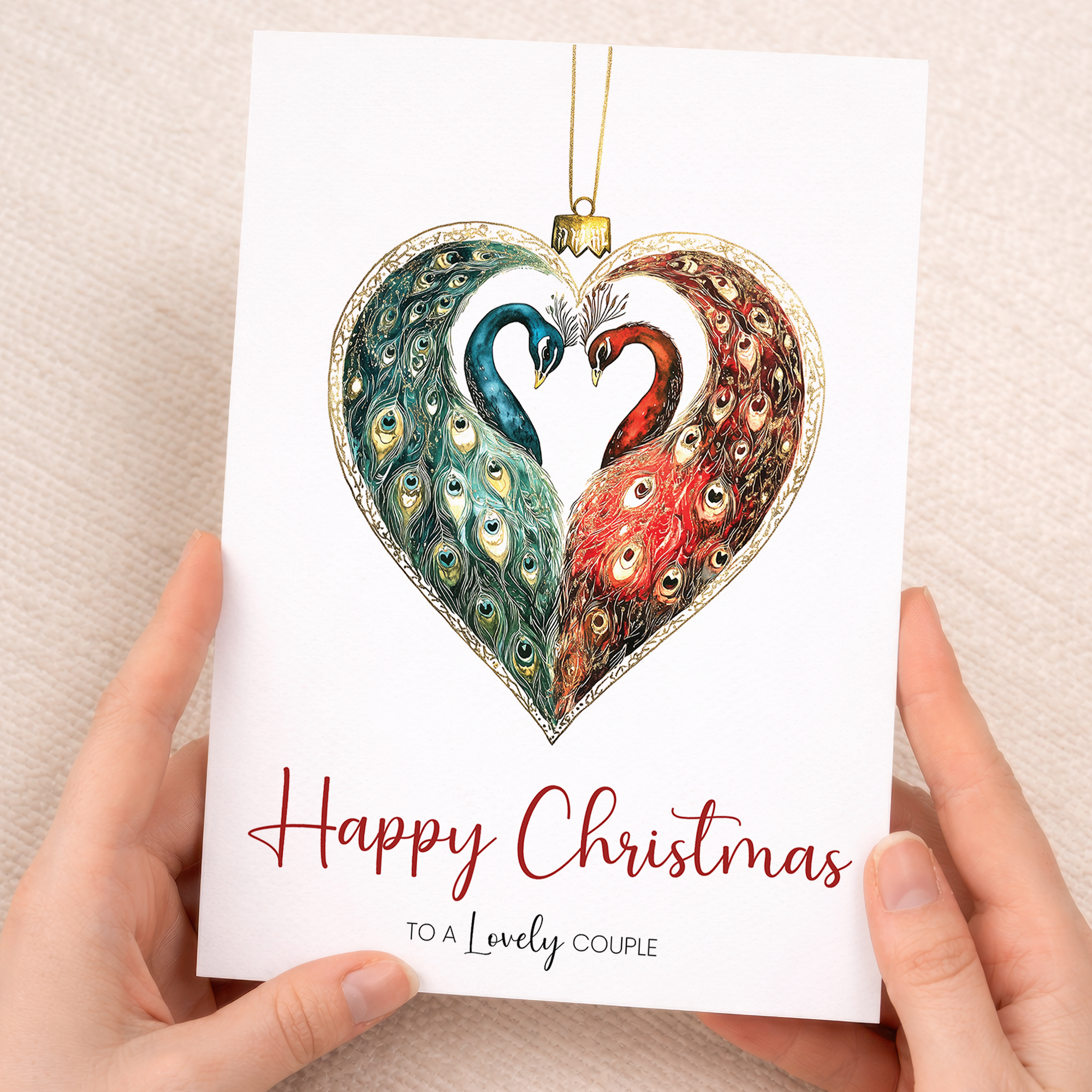 Christmas card featuring a vibrant peacock-themed holiday bauble design for a lovely couple.