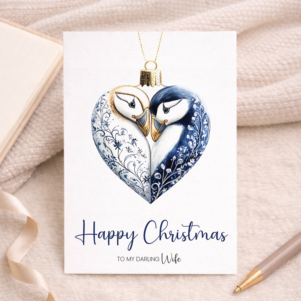 A festive Christmas card for a wife featuring a charming puffin inside a decorative holiday bauble.