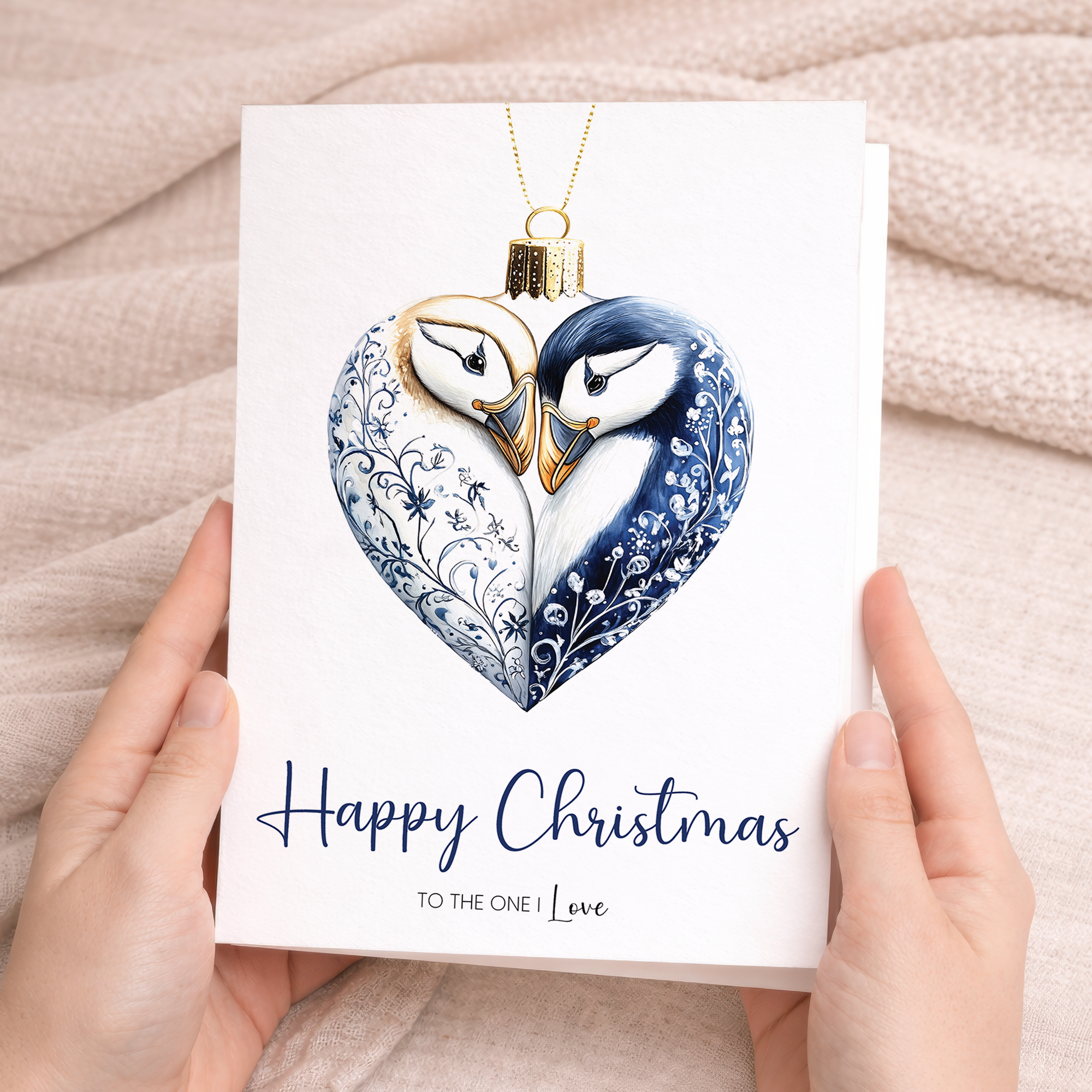 A festive Christmas greeting card featuring a charming puffin inside a decorative bauble, set against a romantic winter theme for a partner.