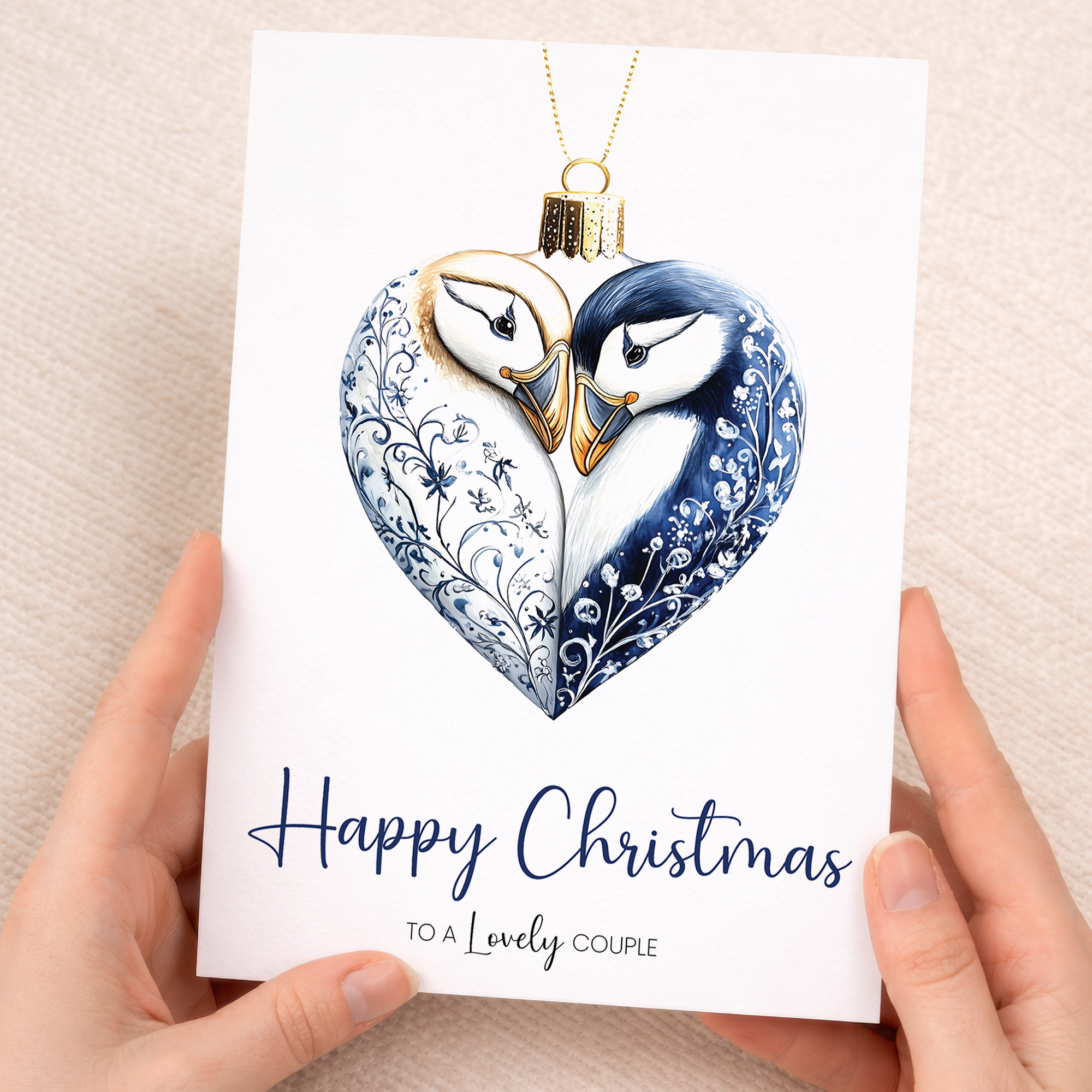 Christmas greeting card for a couple featuring a decorative holiday bauble with a puffin illustration.