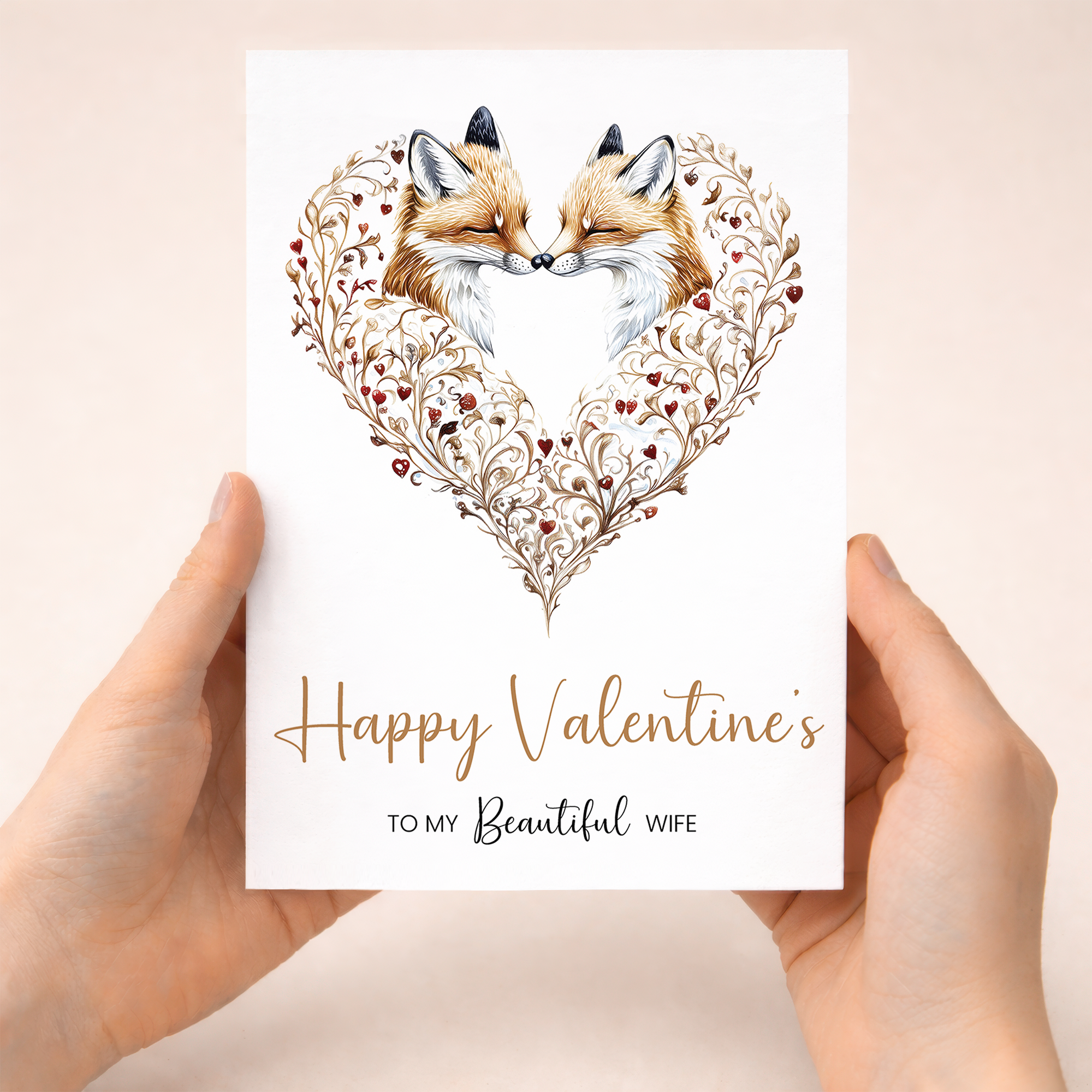 An elegant Valentine's Day greeting card for a wife featuring a unique artistic fox heart design in warm tones, presented on a white background with a brown kraft envelope.