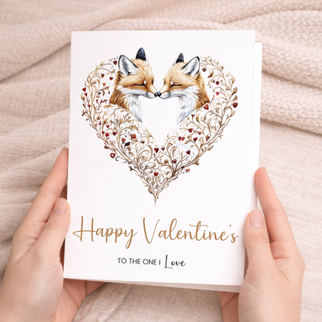Elegant Valentine's Day card featuring two orange foxes forming a heart shape with their bodies, set against a clean white background with a romantic and minimalist aesthetic.