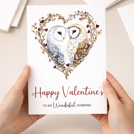 An elegant Valentine's Day card for a husband featuring a unique owl heart design on a white background.
