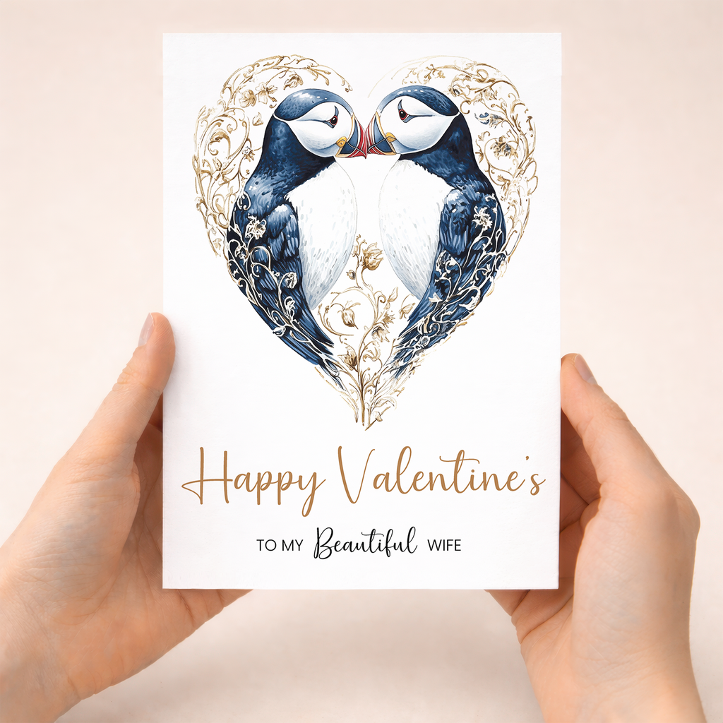Valentine's Day Card for Wife, Unique Puffin Heart Design, Special, Elegant