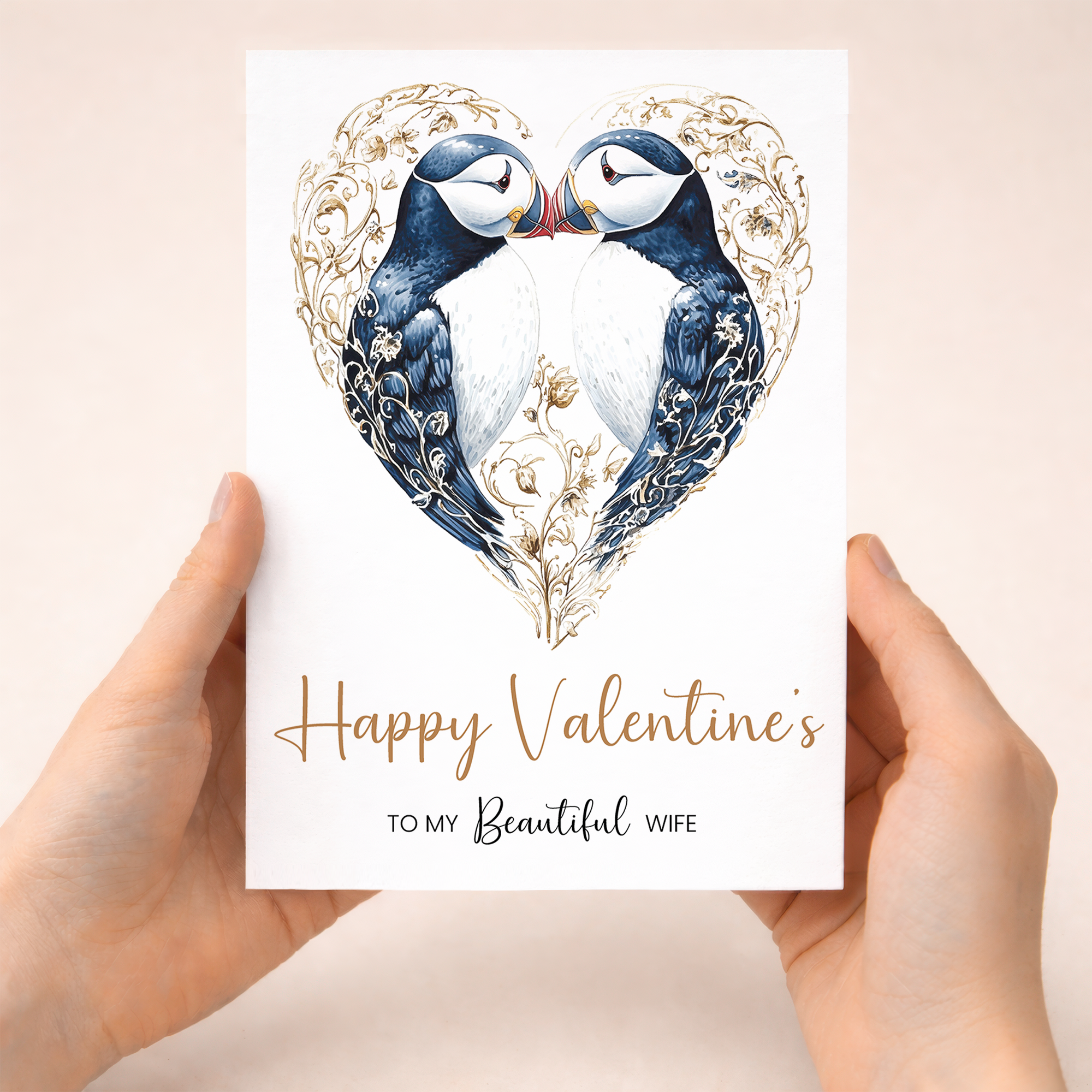 Valentine's Day greeting card for a wife featuring an elegant puffin heart design.