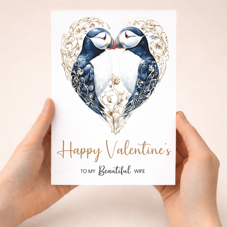 Valentine's Day greeting card for a wife featuring an elegant puffin heart design.