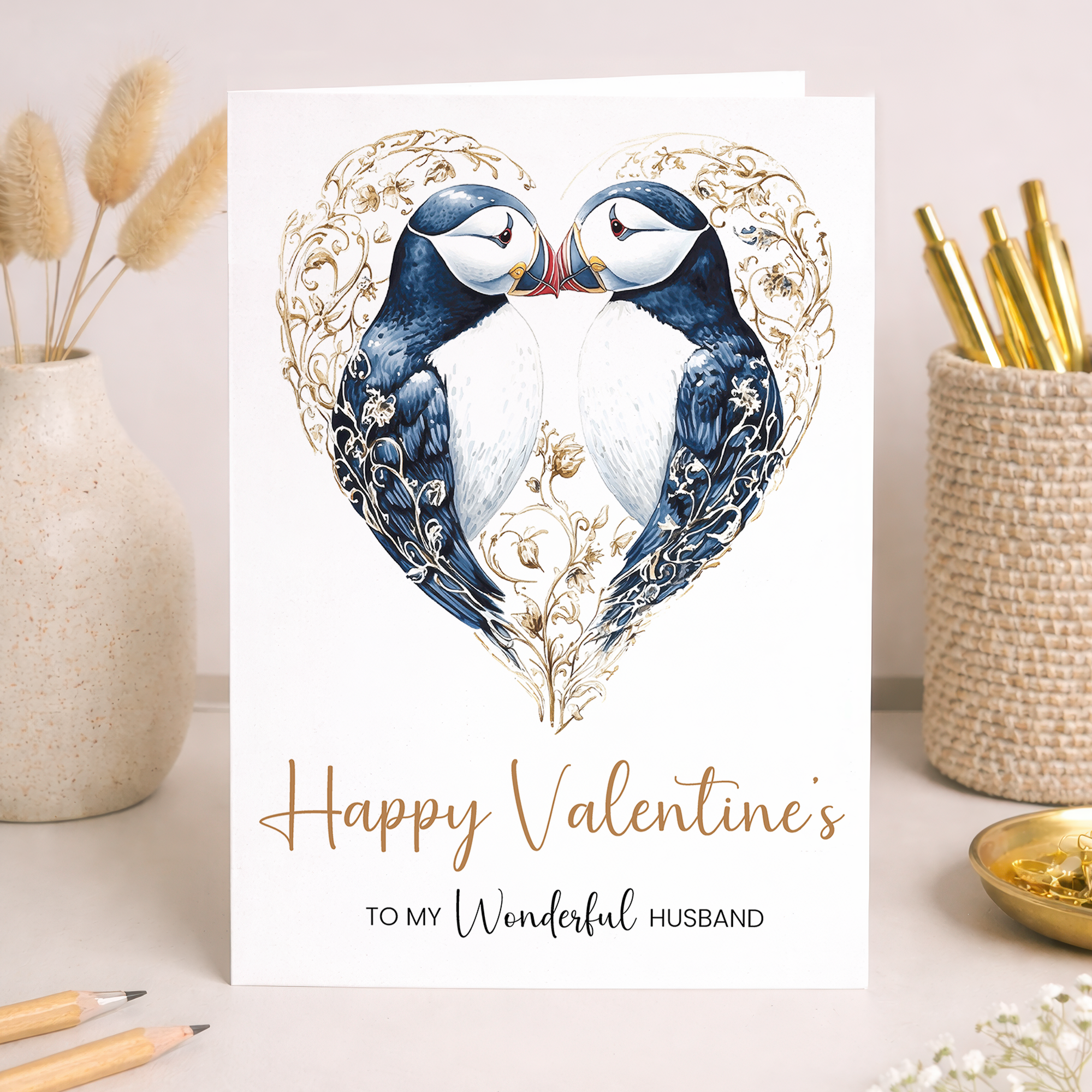 Valentine's Day card for husband featuring an elegant puffin heart design.