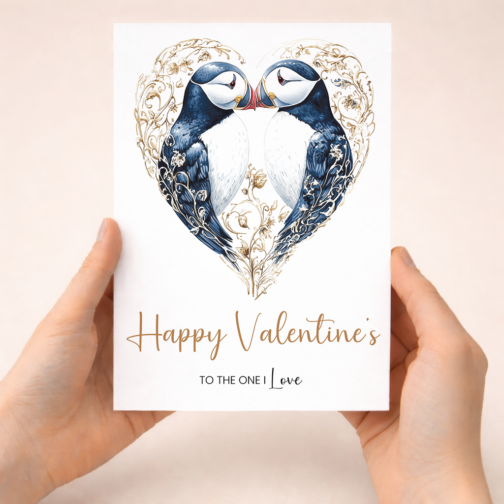 Valentine's Day greeting card featuring a romantic puffin heart design with elegant patterns, suitable for a wife, husband, or partner.