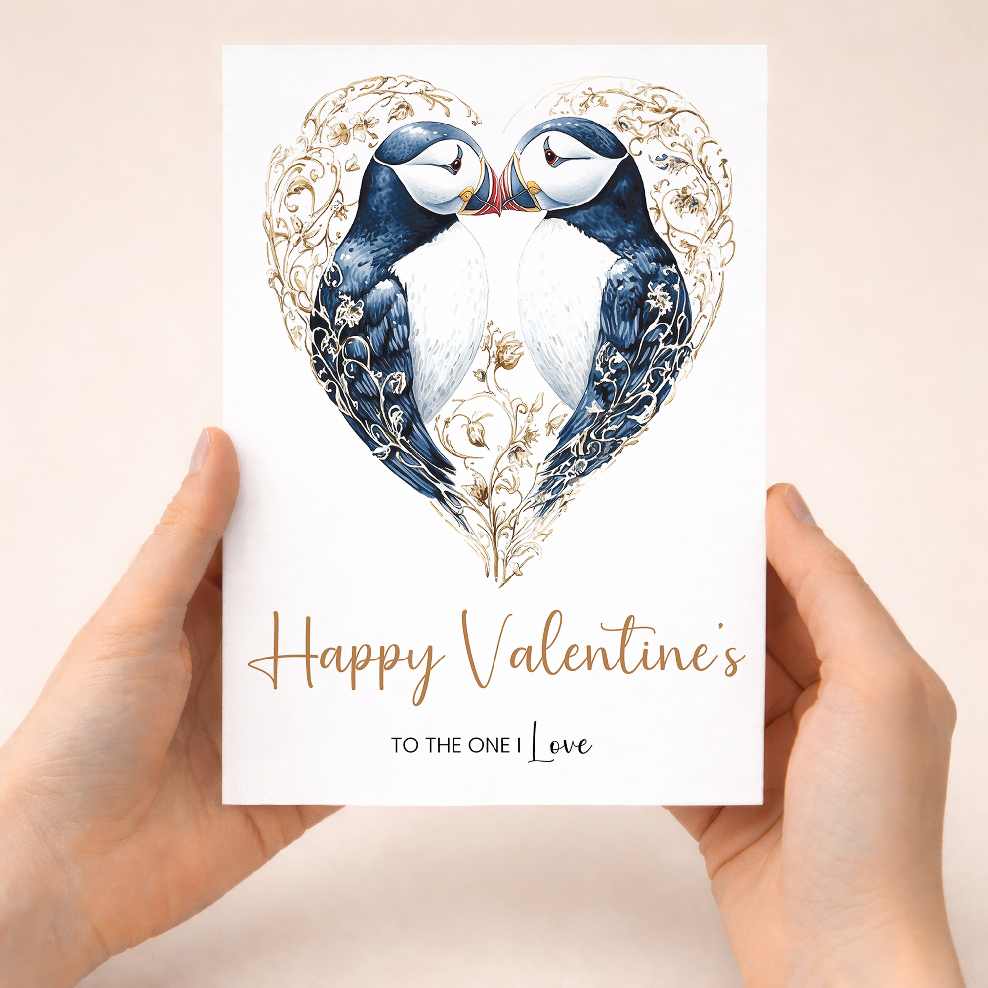 Valentine's Day greeting card featuring a romantic puffin heart design with elegant patterns, suitable for a wife, husband, or partner.