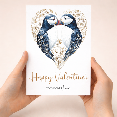 Valentine's Day greeting card featuring a romantic puffin heart design with elegant patterns, suitable for a wife, husband, or partner.