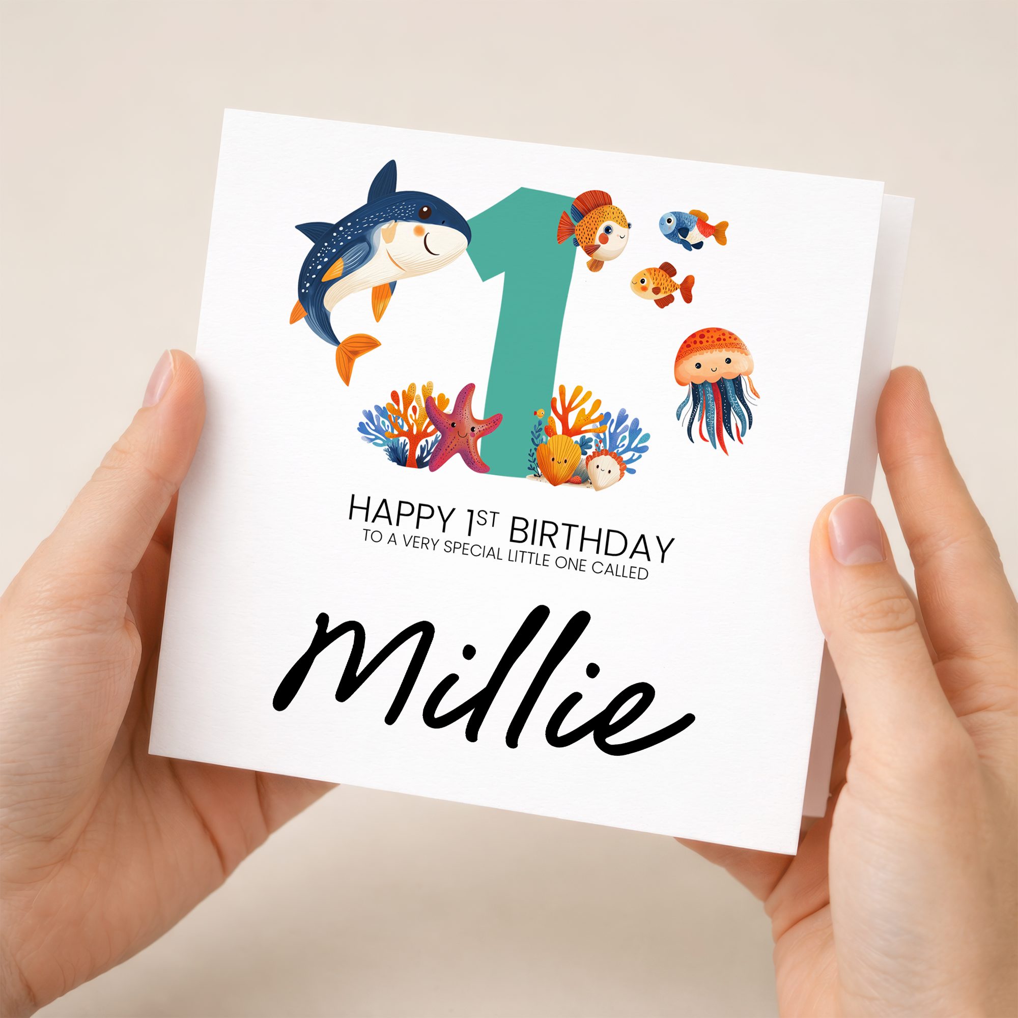 Personalised 1st Birthday Card Featuring Fun Sealife Animals For Boy or Girl First Birthday Gift