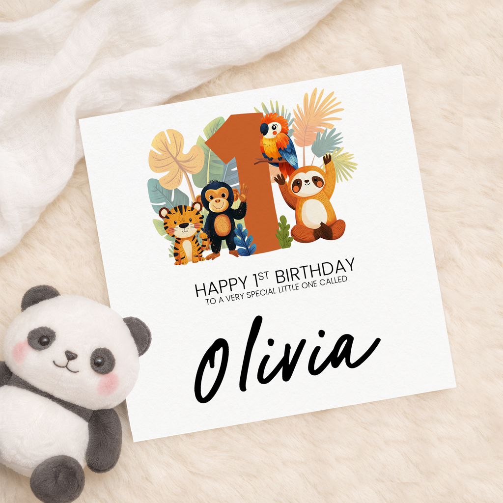 Personalised 1st Birthday Card Featuring Fun Jungle Animals For Boy or Girl First Birthday Gift
