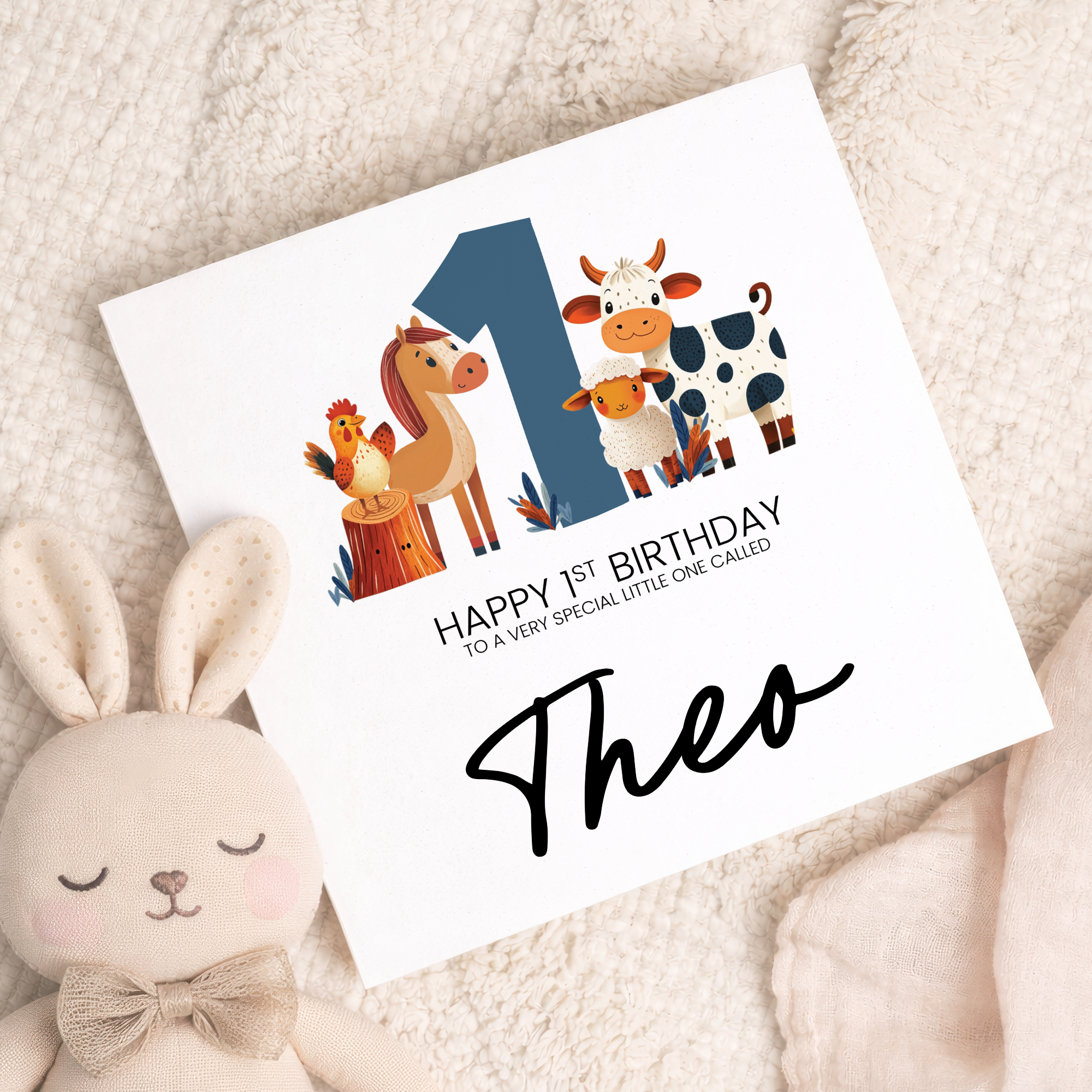 Personalised 1st Birthday Card Featuring Fun Farm Animals For Boy or Girl First Birthday Gift