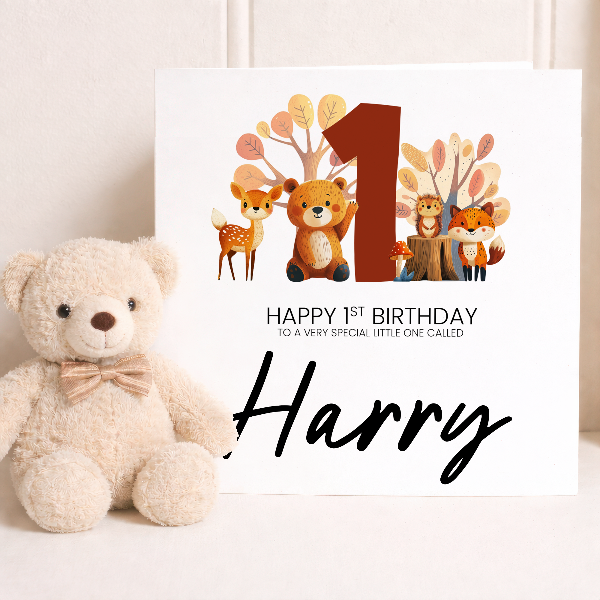 Personalised 1st Birthday Card Featuring Fun Woodland Animals For Boy or Girl First Birthday Gift