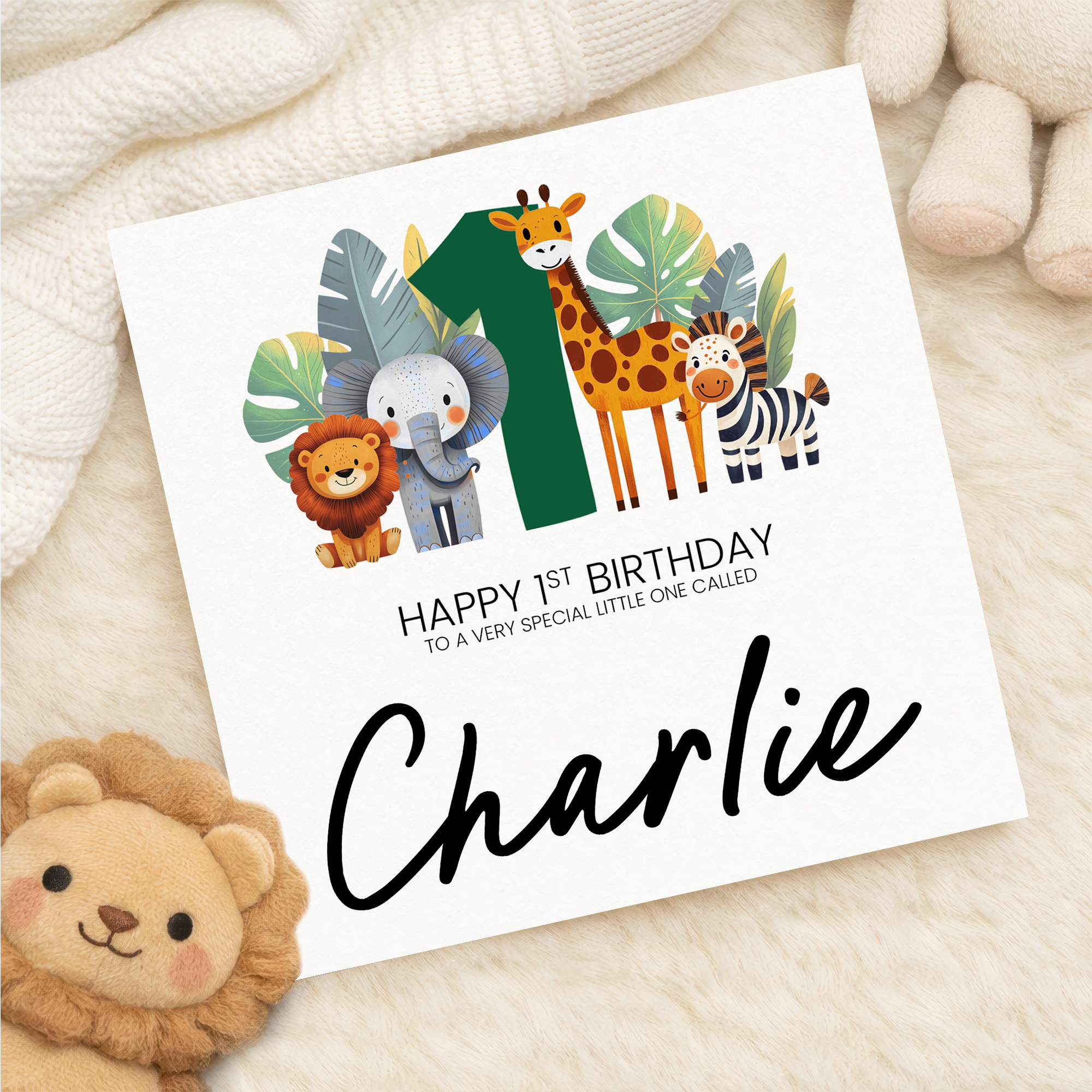 Personalised 1st Birthday Card Featuring Fun Safari Animals For Boy or Girl First Birthday Gift