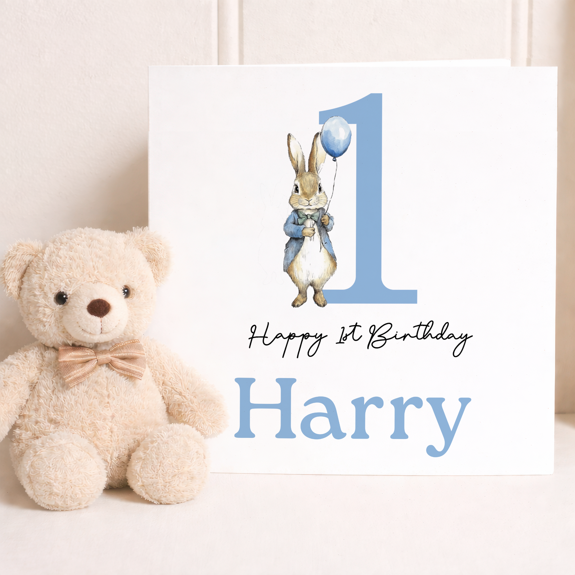 Personalised Boys 1st, 2nd or 3rd Birthday Card For Boy Featuring A Cute Bunny In Blue Custom Birthday Gift